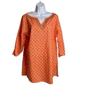 dei Women's Orange Moroccan Tile Beaded Tunic Top Size M Boho‎ Gypsy Art To Wear